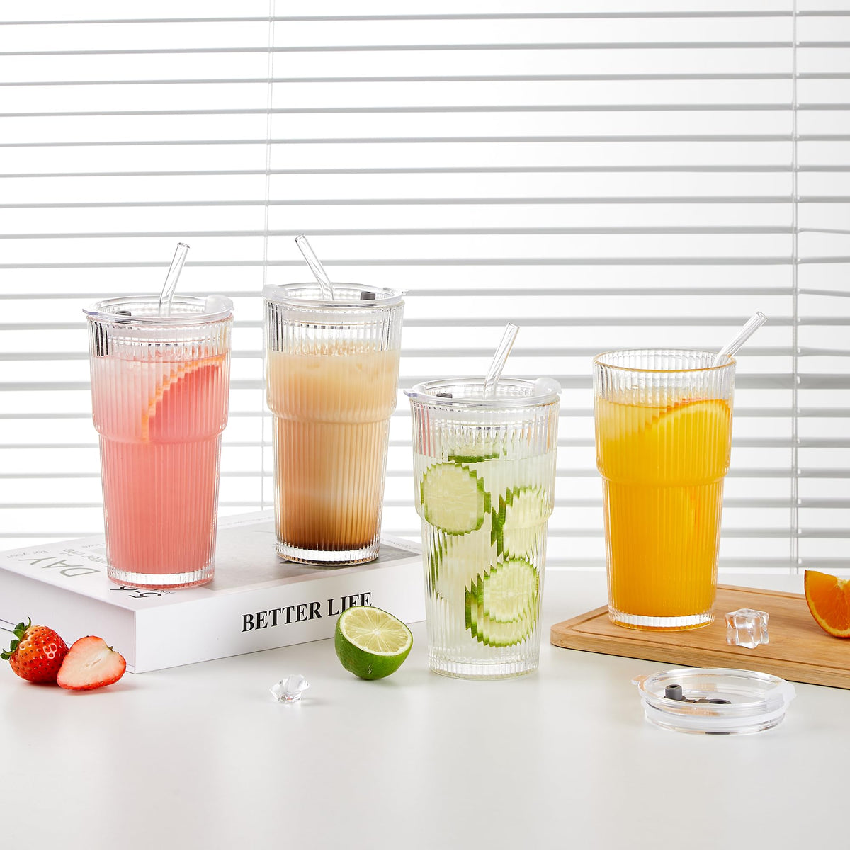 20oz Ribbed Glass Cups with Lids and Straws, Set of 4 Z3207