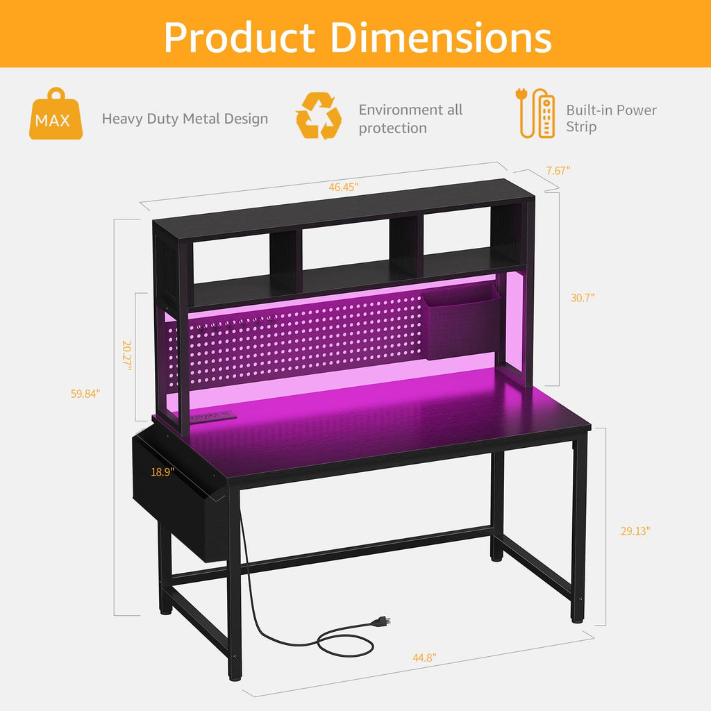 Black 47 Inch Gaming Desk with Hutch and Pegboard I518812