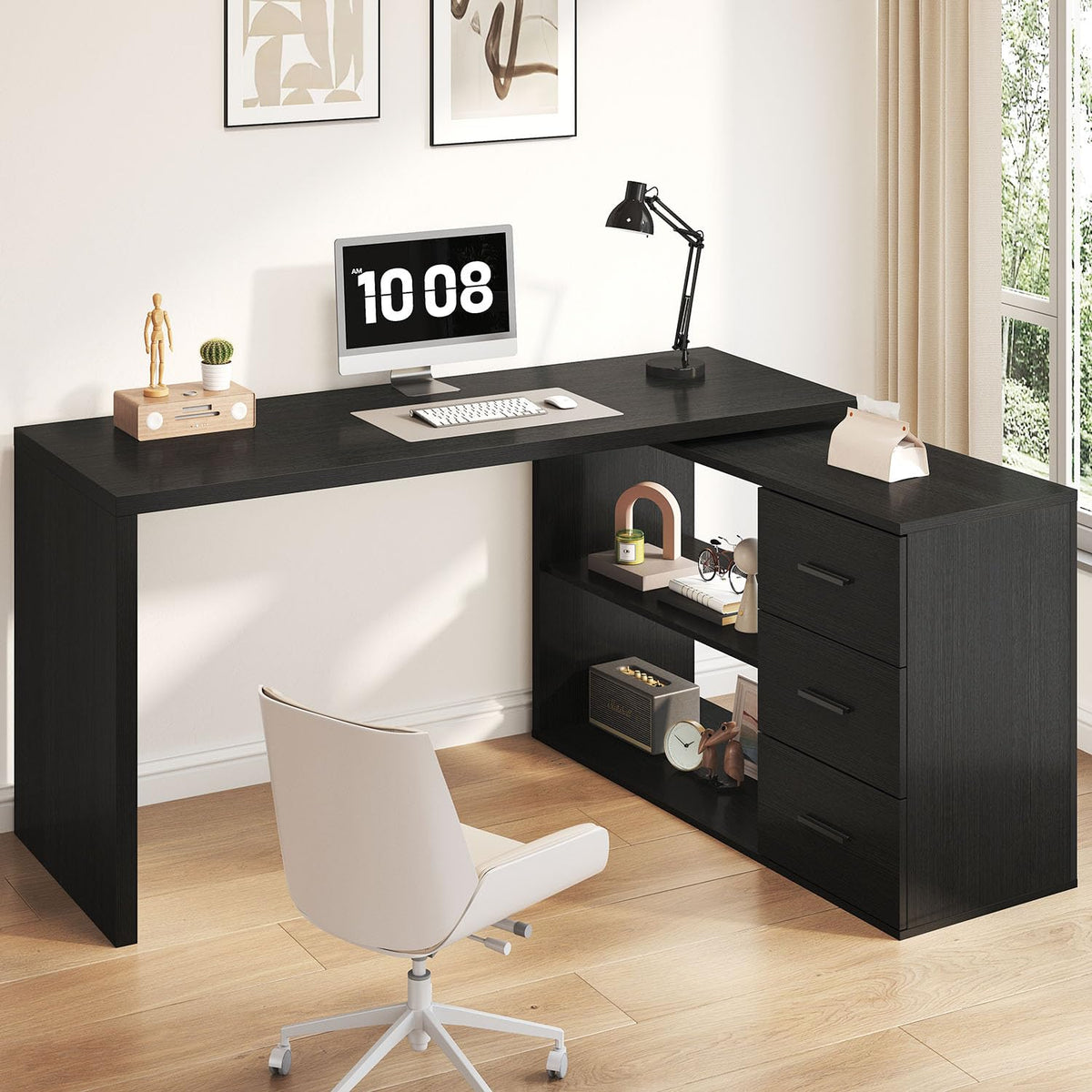 Black L Shaped Corner Desk with Storage Drawers R489