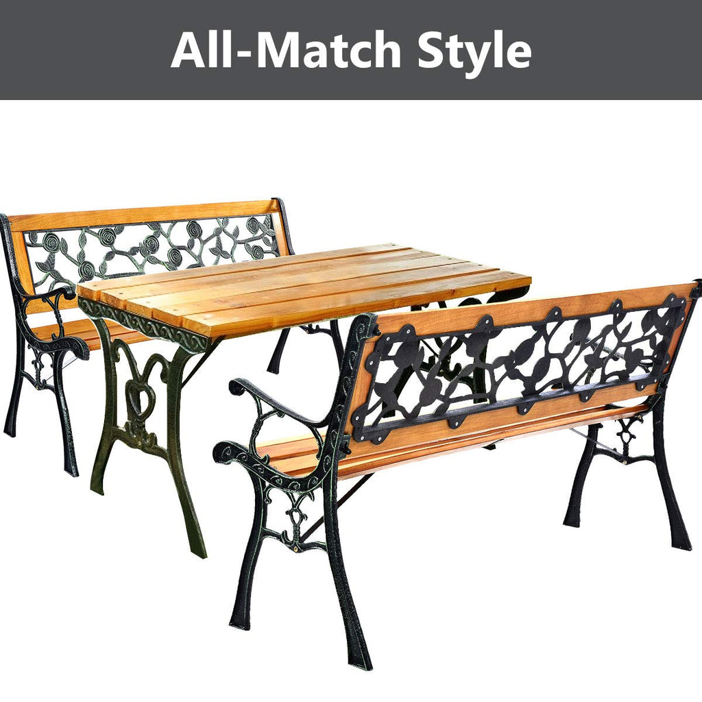 Outdoor Garden Bench with Rose Cast Backrest and Metal Legs S431
