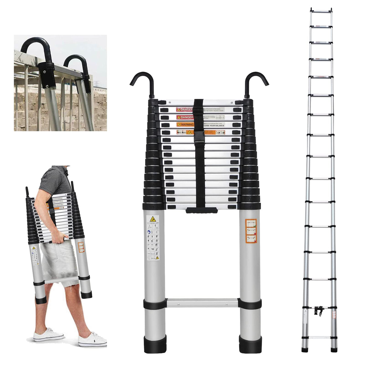 20FT Aluminum Telescoping Ladder with Roof Hooks, 330lbs Capacity G2138