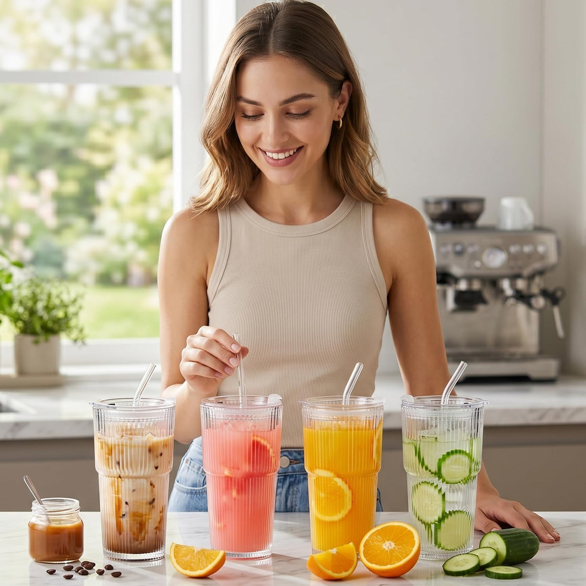 20oz Ribbed Glass Cups with Lids and Straws, Set of 4 Z3207