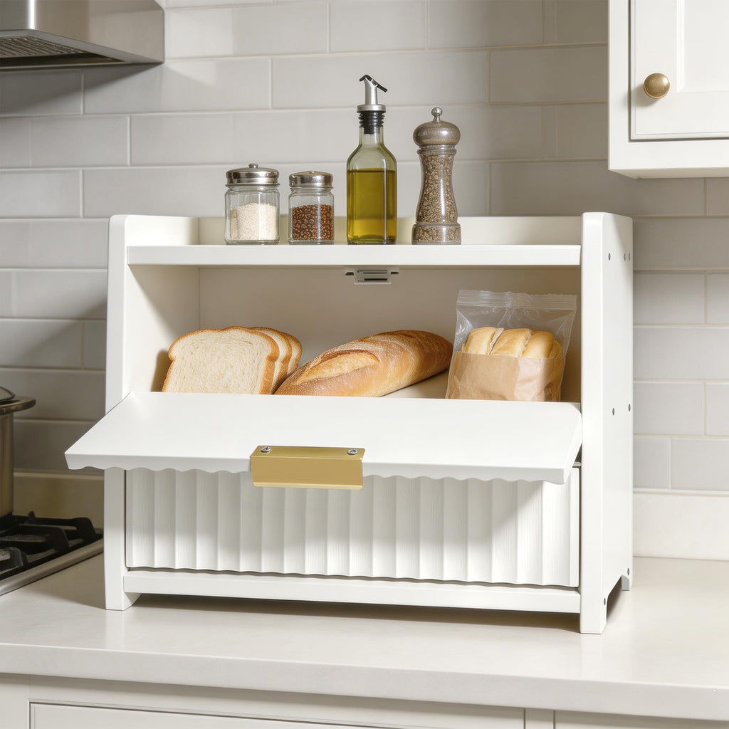White Double Layer Wooden Bread Box E90816