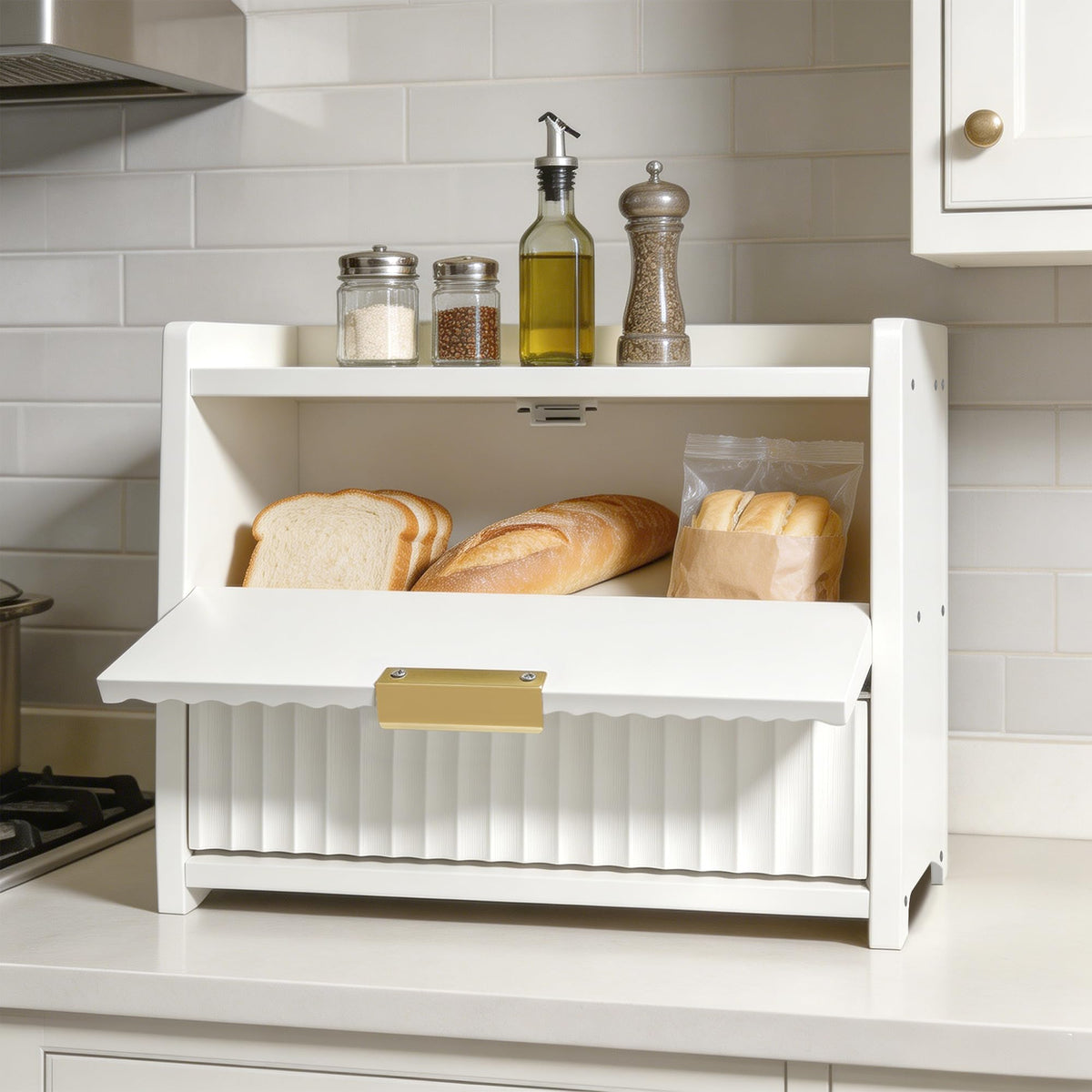 White Double Layer Wooden Bread Box E90816