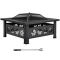 32 Inch Square Wood Burning Fire Pit Table with Spark Screen Lid and Fire Poker Z5469