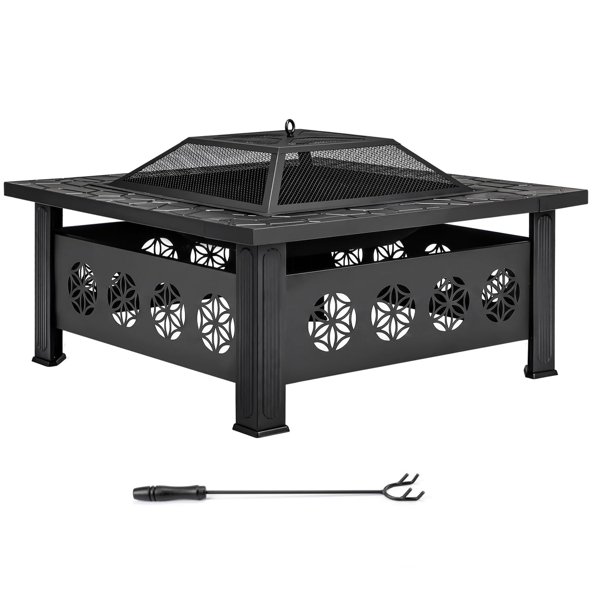 32 Inch Square Wood Burning Fire Pit Table with Spark Screen Lid and Fire Poker Z5469
