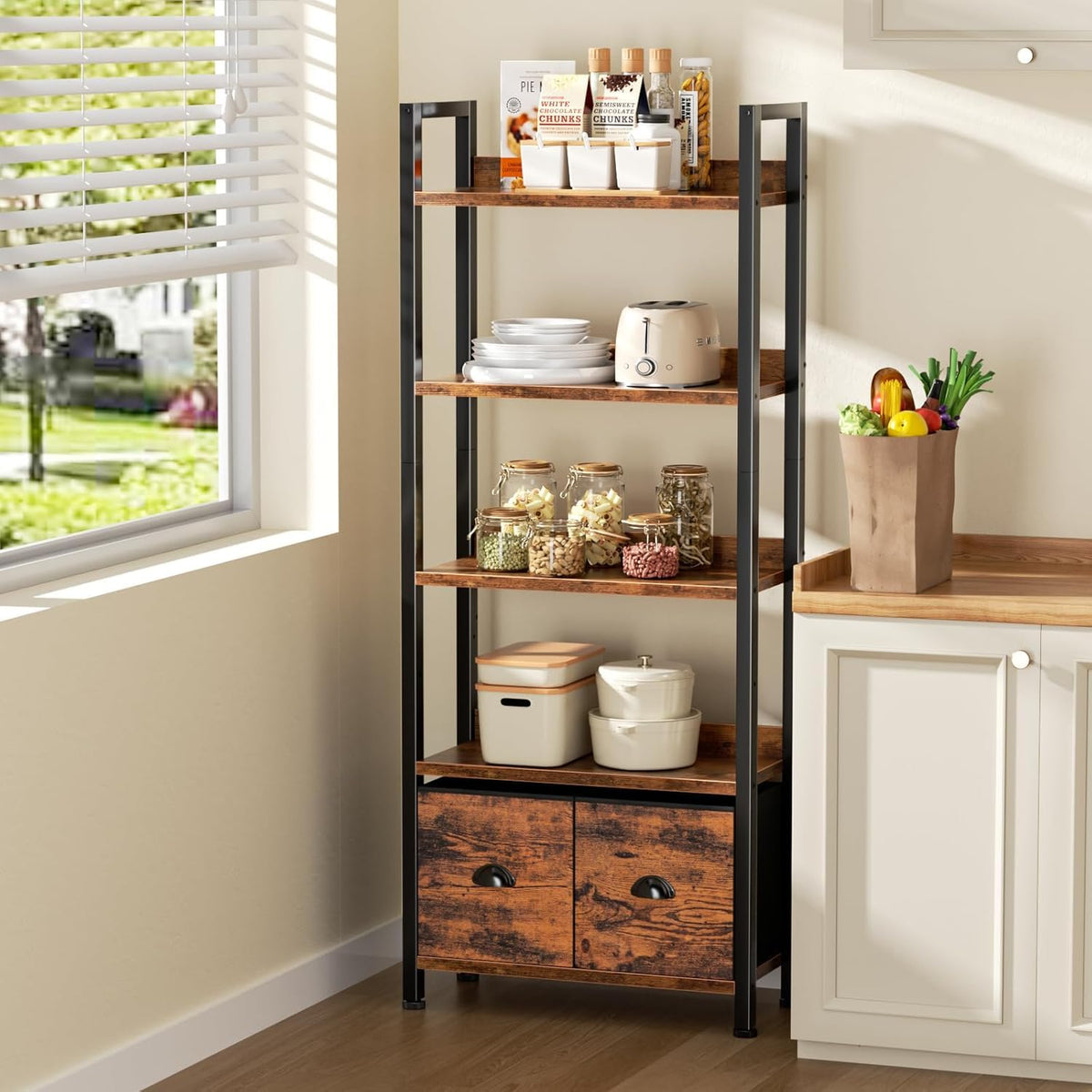 5-Tier Tall Bookshelf with 2 Fabric Drawers P413