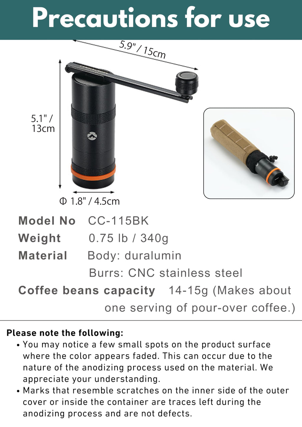 Manual Coffee Grinder 15g Stainless Steel Burr Black U913206