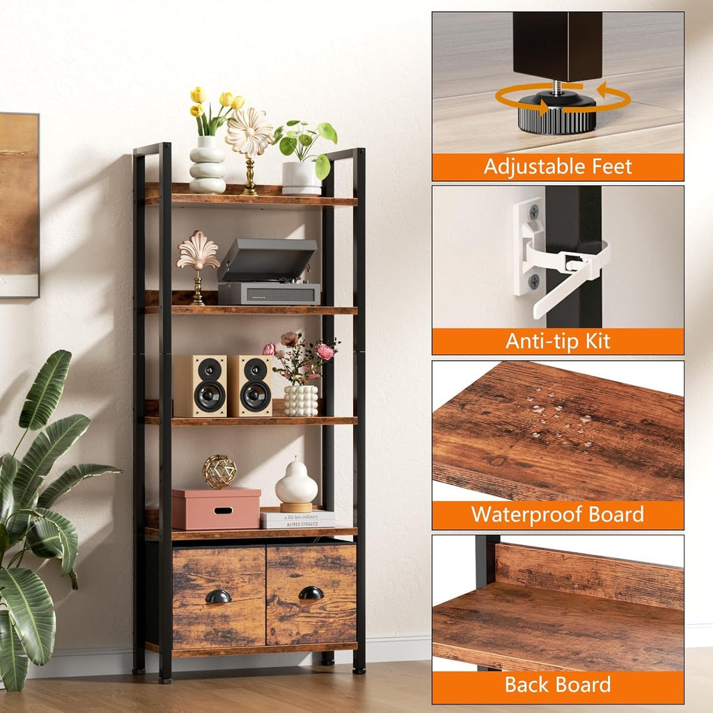 5-Tier Tall Bookshelf with 2 Fabric Drawers P413