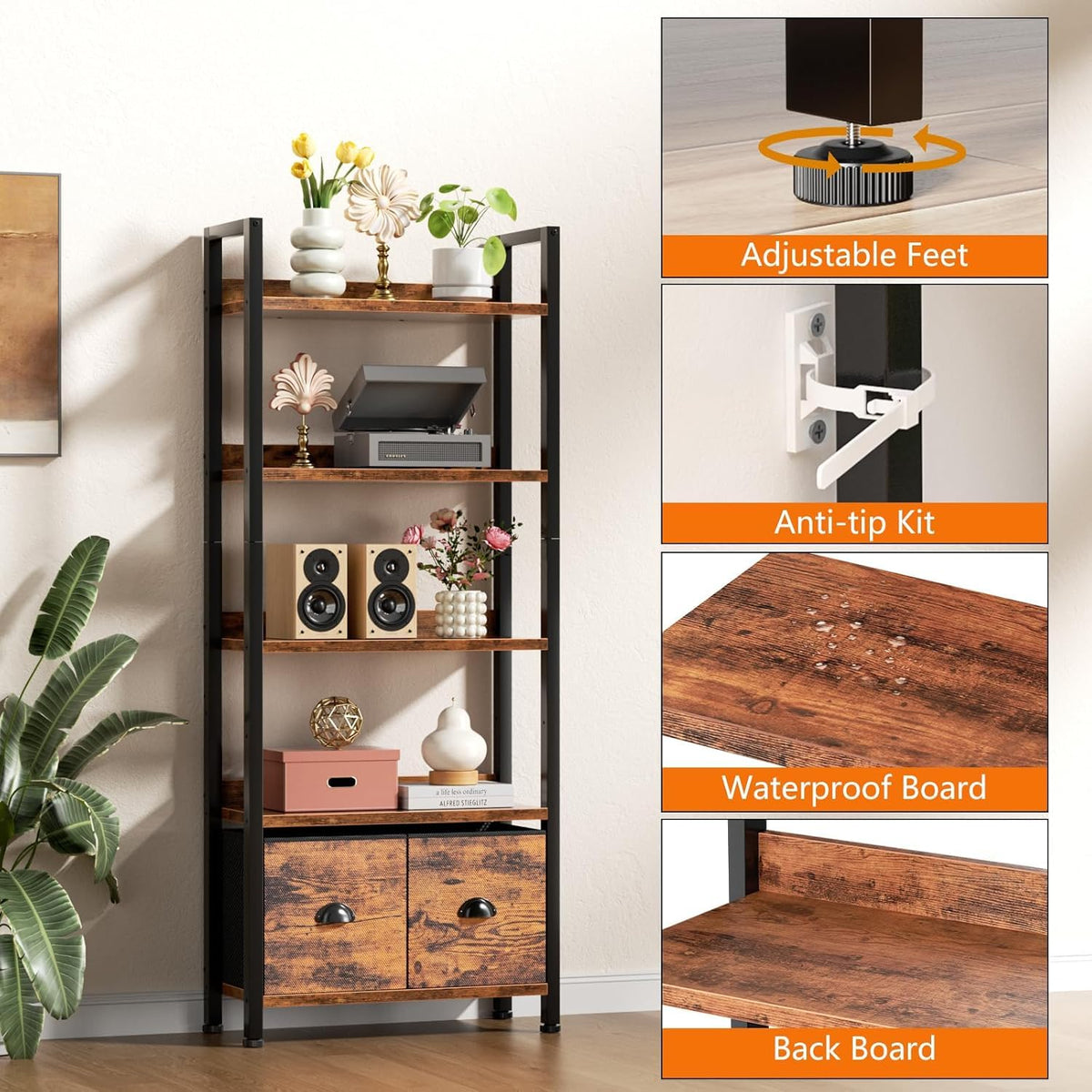 5-Tier Tall Bookshelf with 2 Fabric Drawers P413