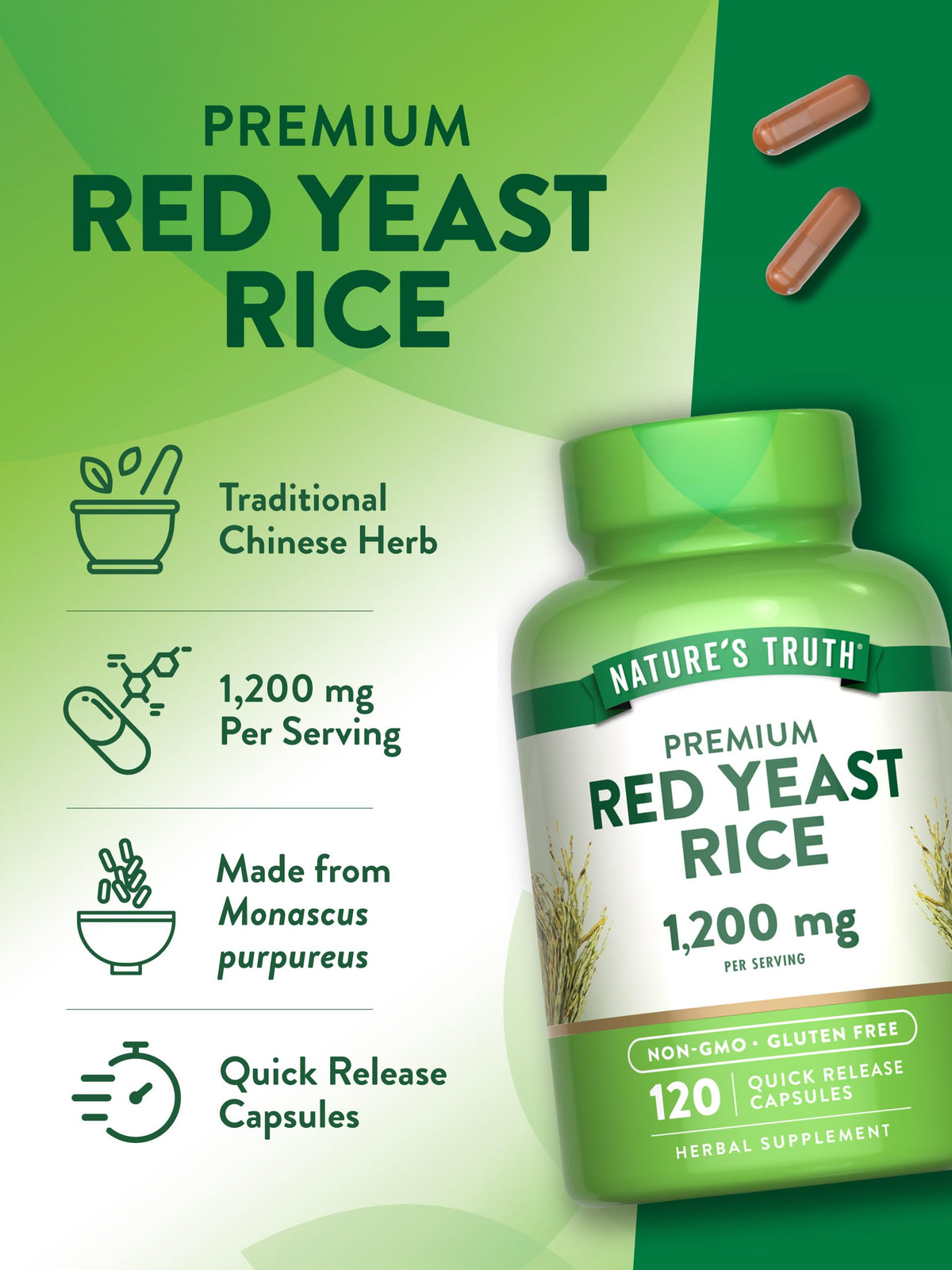 Red Yeast Rice Herbal Supplement 1200 mg 120 Capsules F199837
