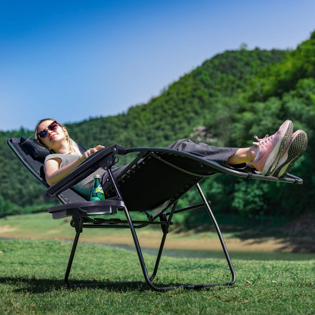 Black Adjustable Steel Mesh Zero Gravity Lounge Chair with Pillow and Cup Holder G626