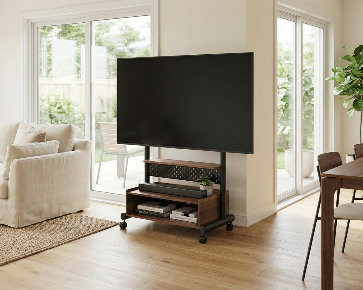 Rolling TV Floor Stand for 40-85in TVs, Height-Adjustable, Walnut T983