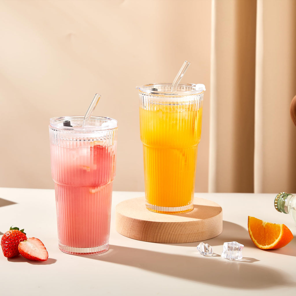 20oz Ribbed Glass Cups with Lids and Straws, Set of 4 Z3207