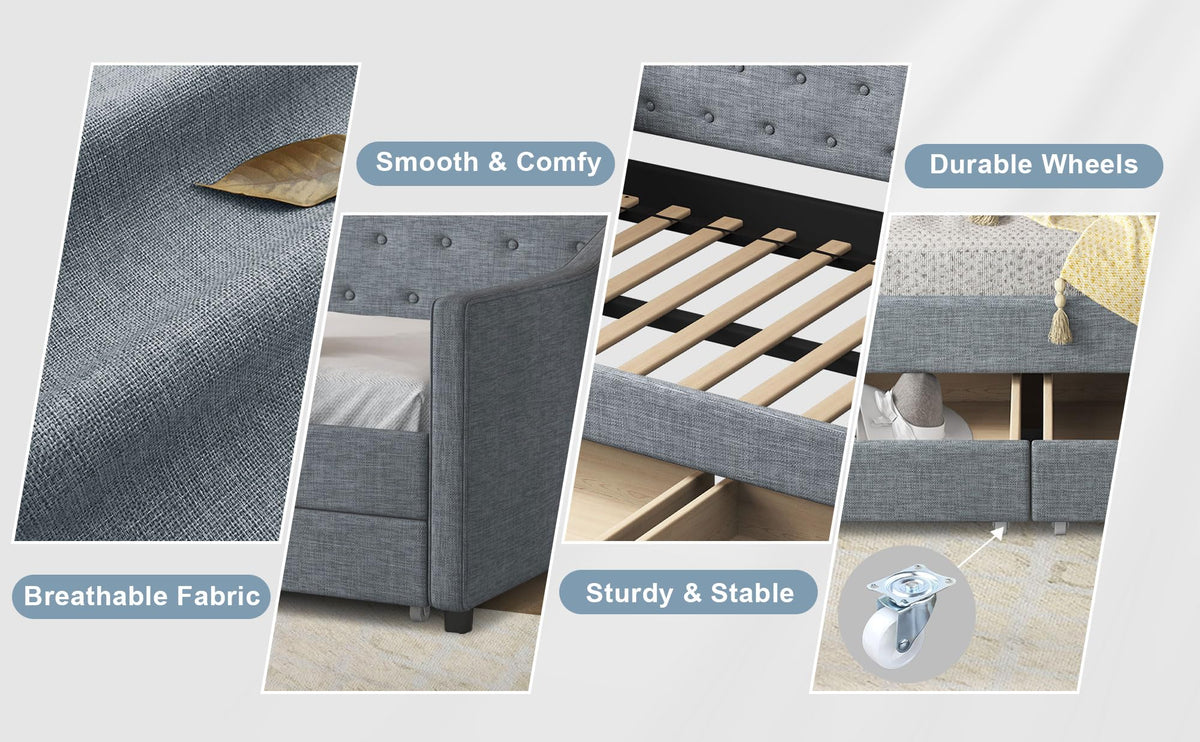 Twin Size Light Grey Linen Upholstered Wood Daybed with Two Drawers L272