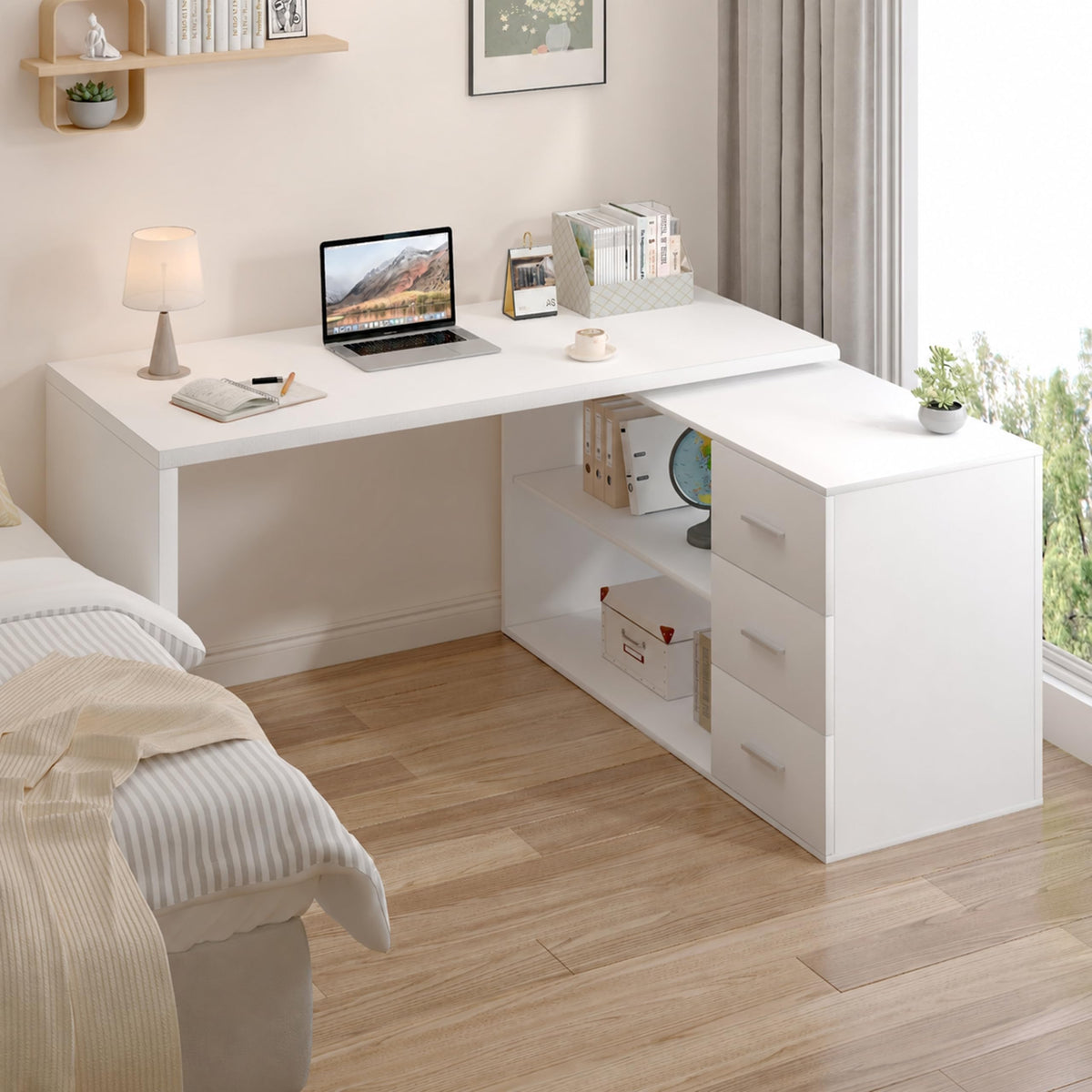 White L Shaped Corner Desk with 3 Drawers 55 inch K652907