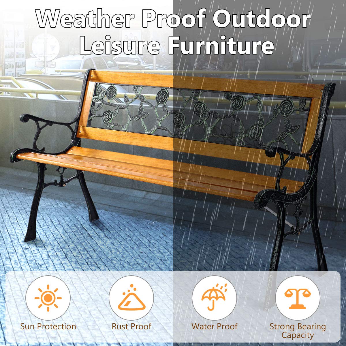 Outdoor Garden Bench with Rose Cast Backrest and Metal Legs S431