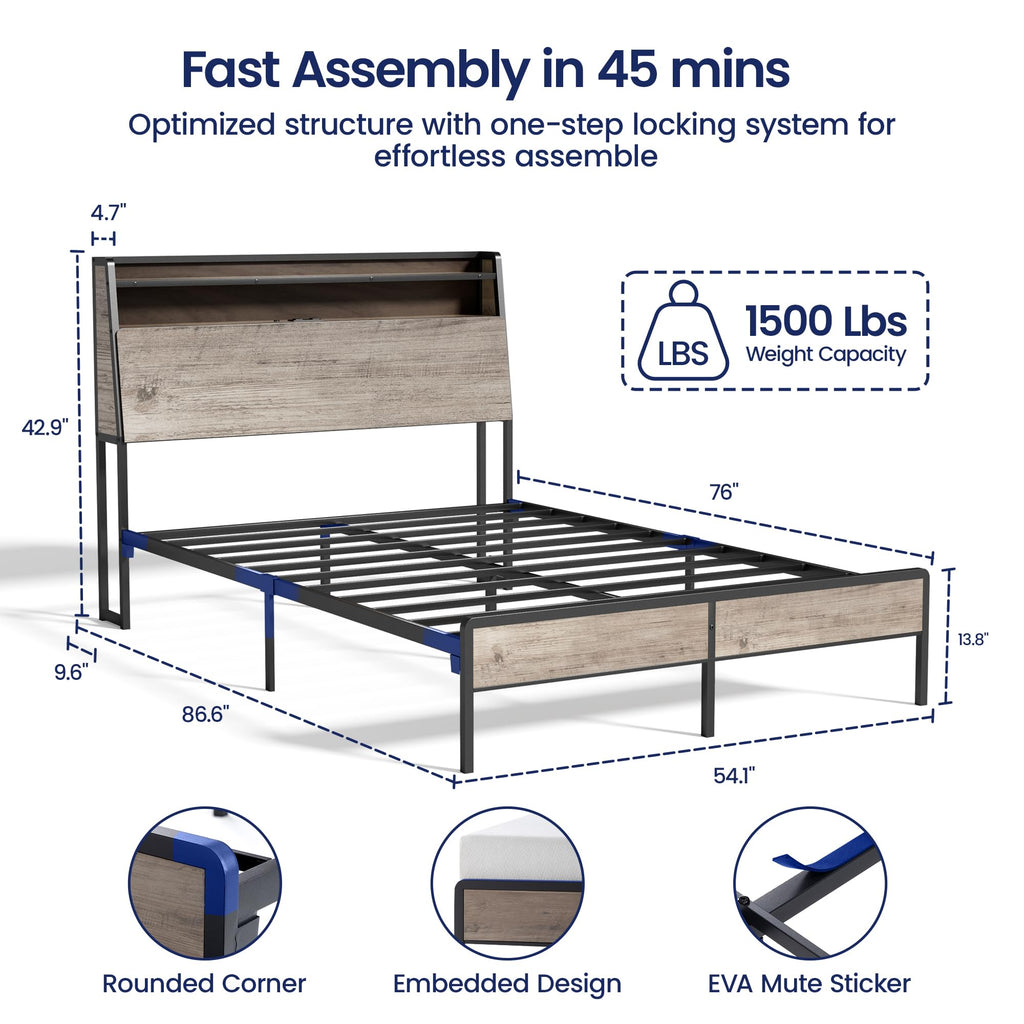 Queen Metal Platform Bed Frame with RGB Lights and Outlets H166