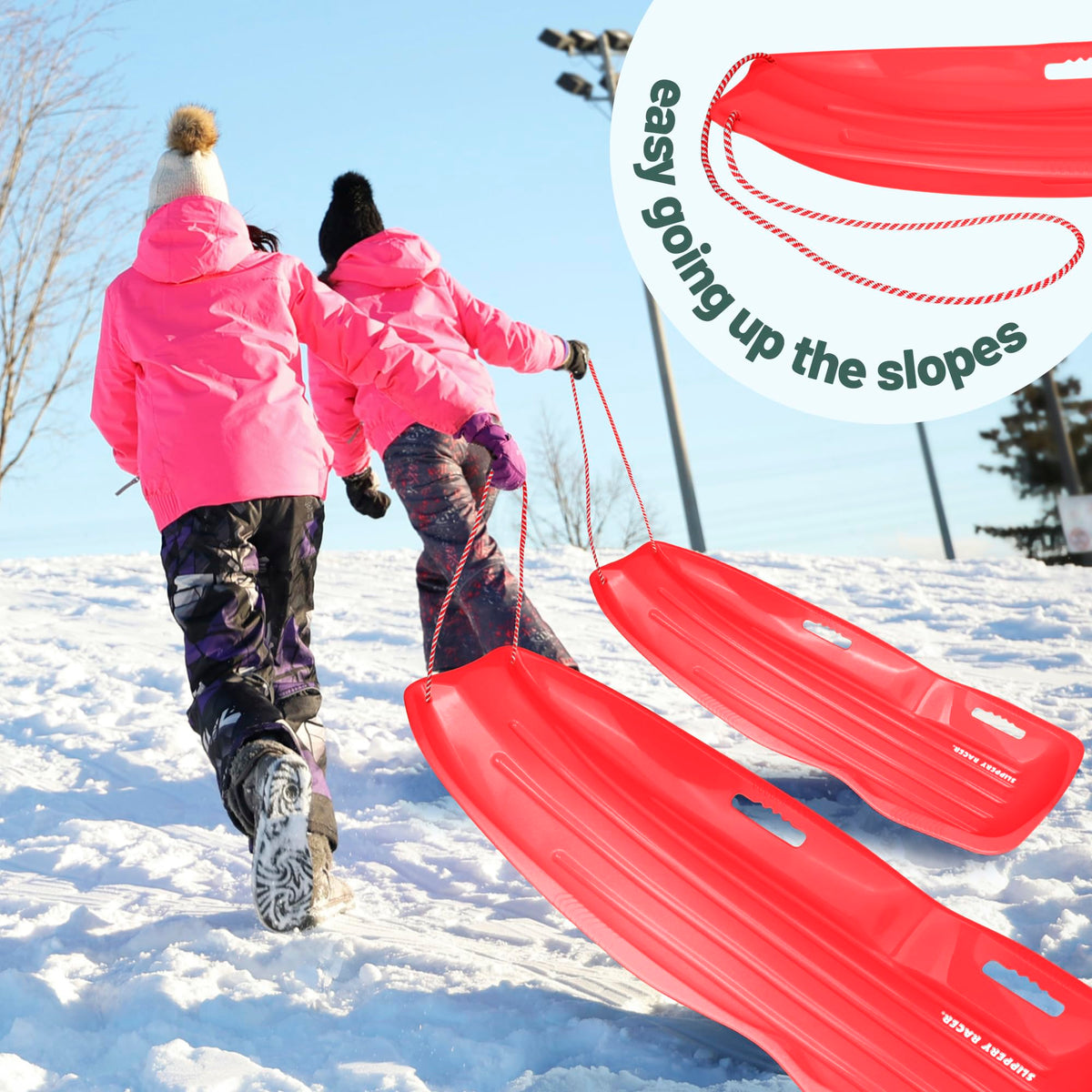 Plastic Toboggan Snow Sled with Pull Rope and Handles H570869