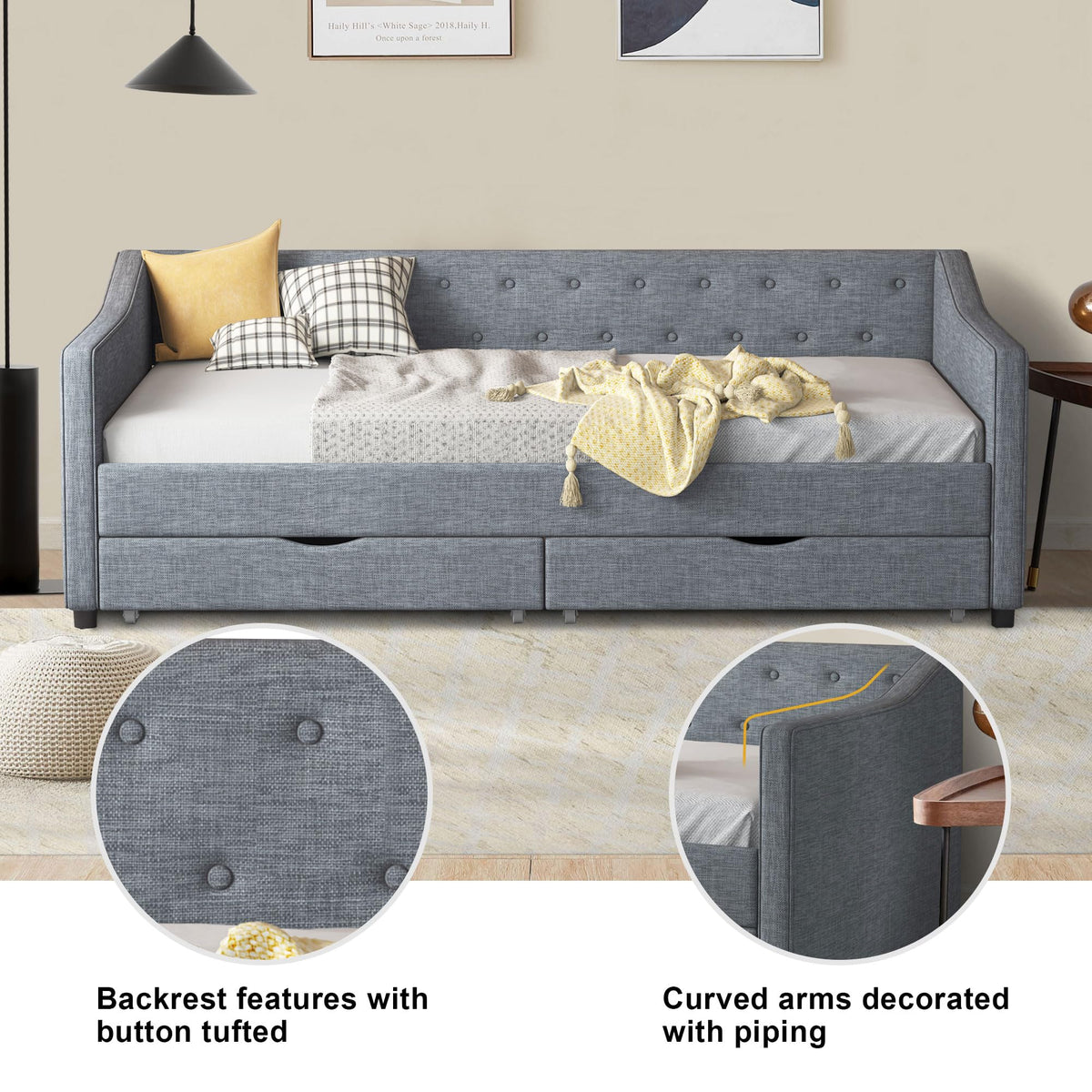 Twin Size Light Grey Linen Upholstered Wood Daybed with Two Drawers L272