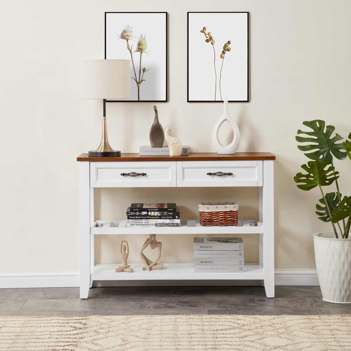 Brown White Pine Wood Console Table with 2 Open Shelves U98877