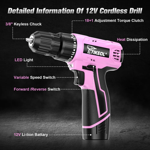 12V Cordless Drill Set with Battery & Charger, 180 In-lbs Torque, 3/8" Keyless Chuck, Pink Y20678