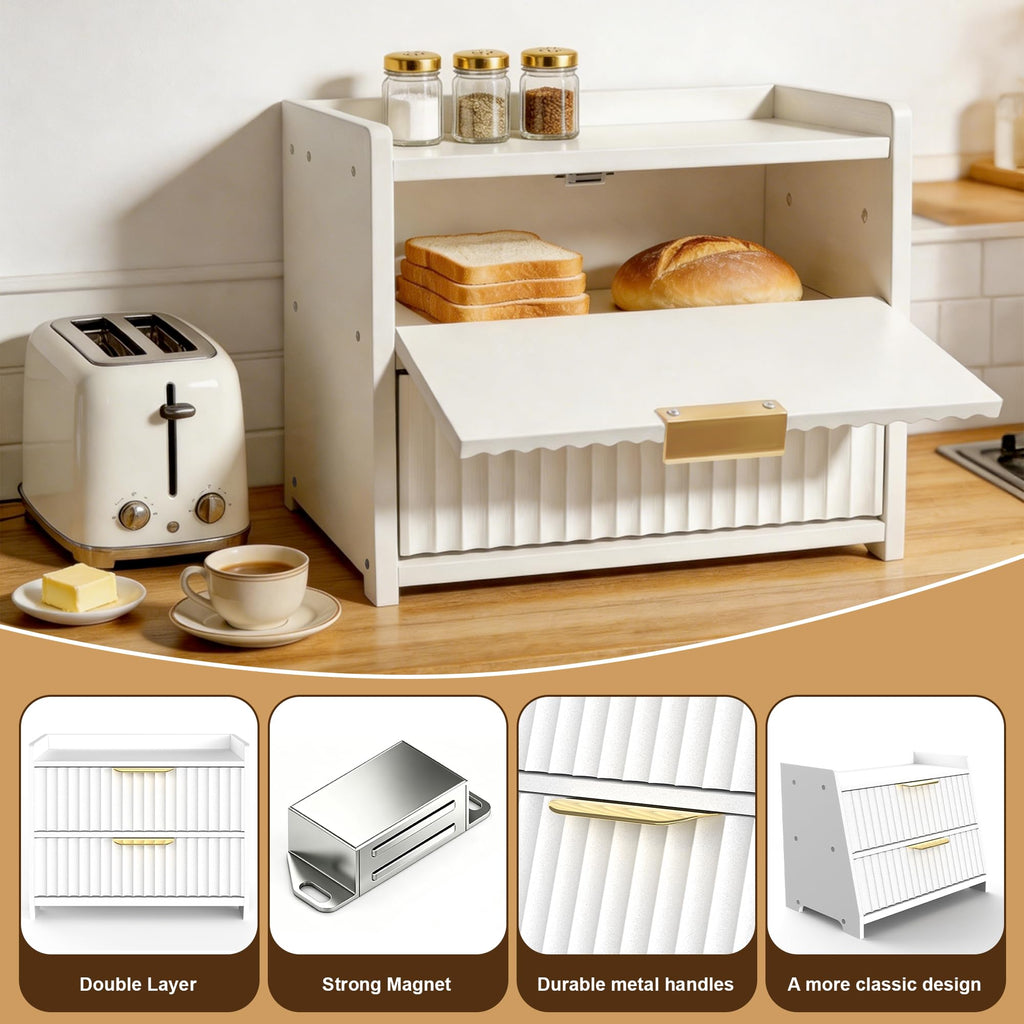 White Double Layer Wooden Bread Box E90816