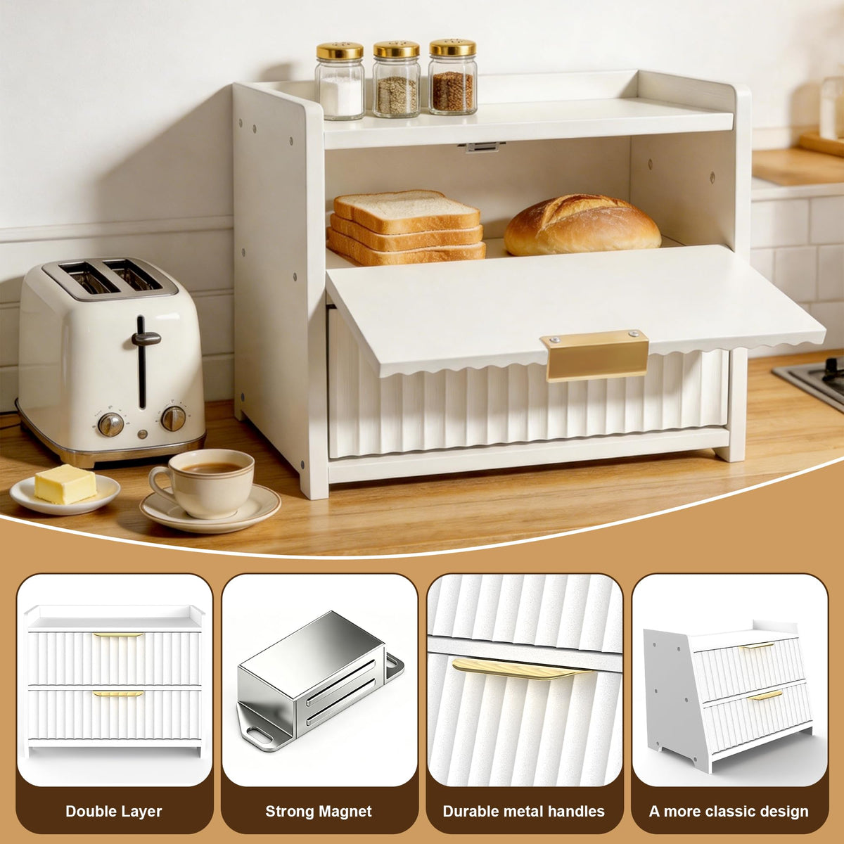 White Double Layer Wooden Bread Box E90816