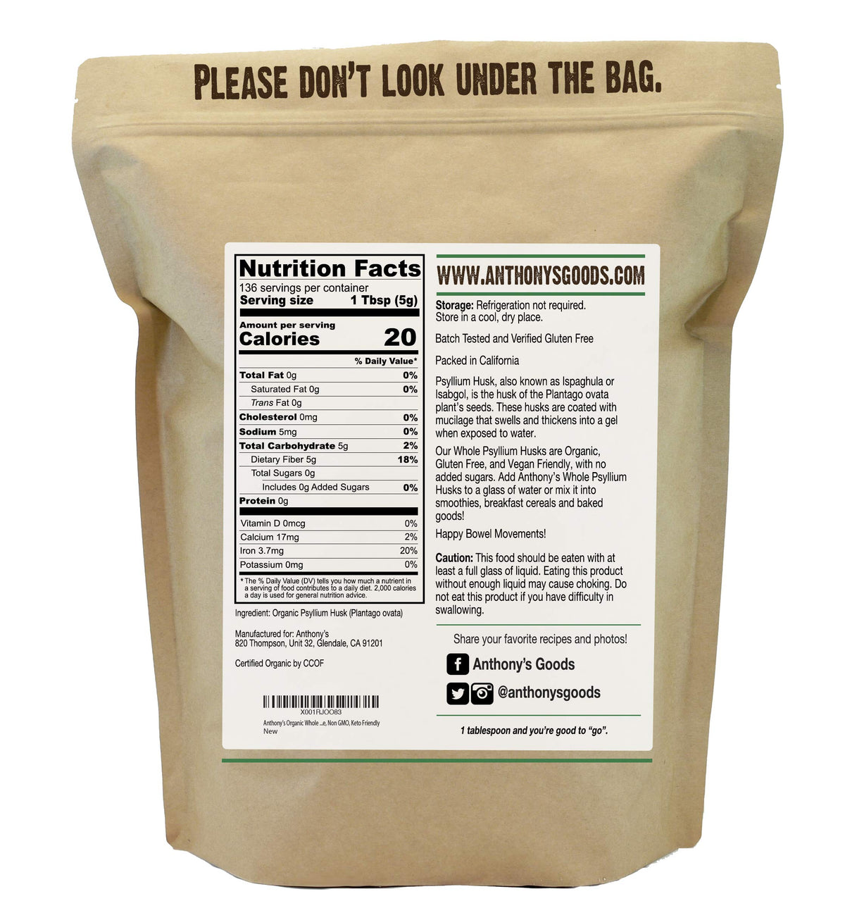 Organic Whole Psyllium Husks, 1.5 lb, Gluten Free Y8170