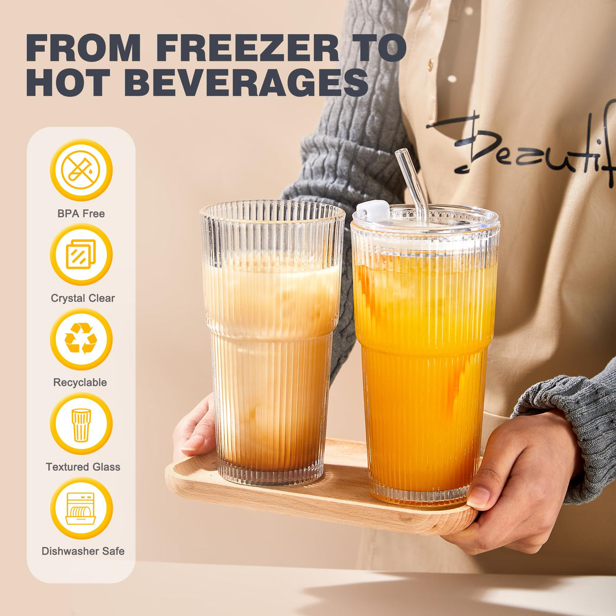 20oz Ribbed Glass Cups with Lids and Straws, Set of 4 Z3207