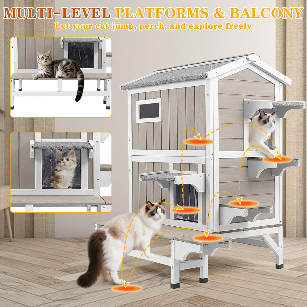 Insulated Outdoor Cat House 2-Story Wooden Shelter A35758