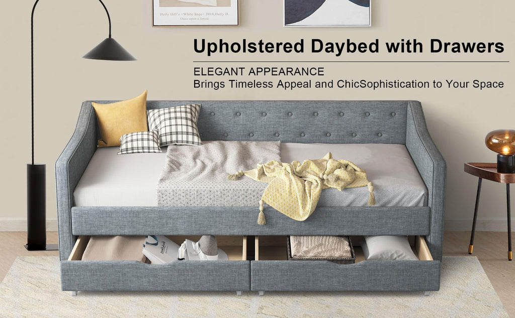 Twin Size Light Grey Linen Upholstered Wood Daybed with Two Drawers L272
