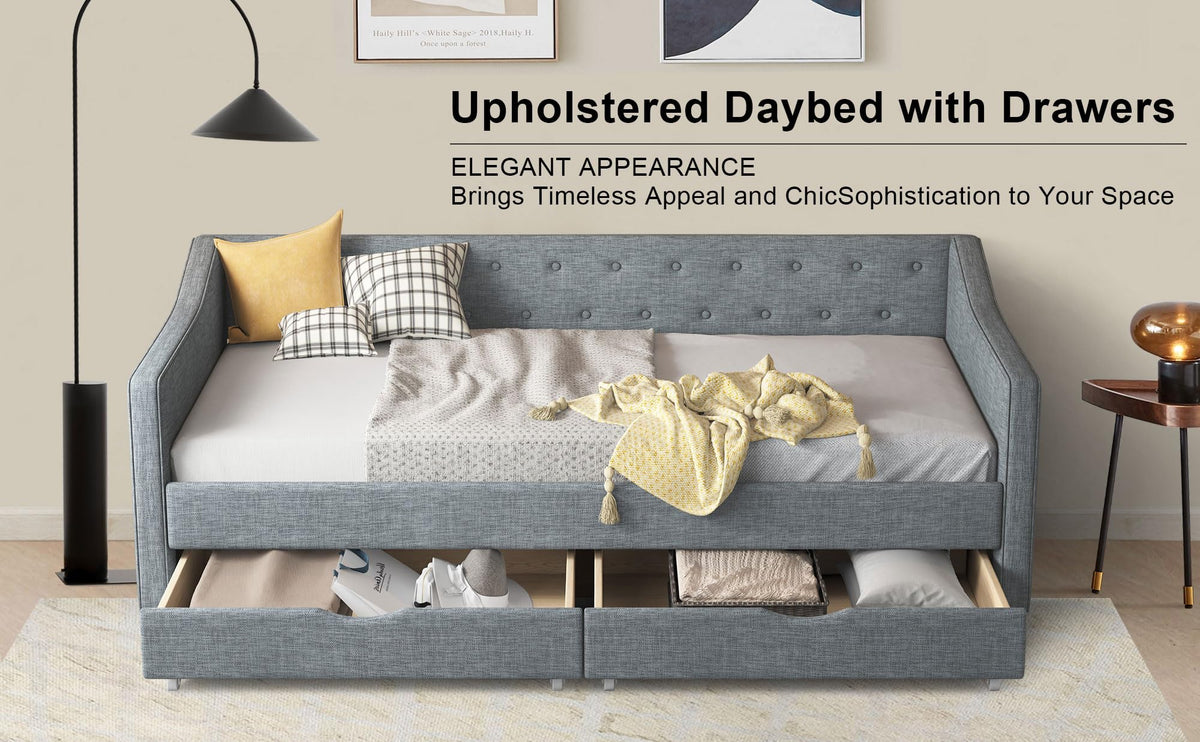 Twin Size Light Grey Linen Upholstered Wood Daybed with Two Drawers L272
