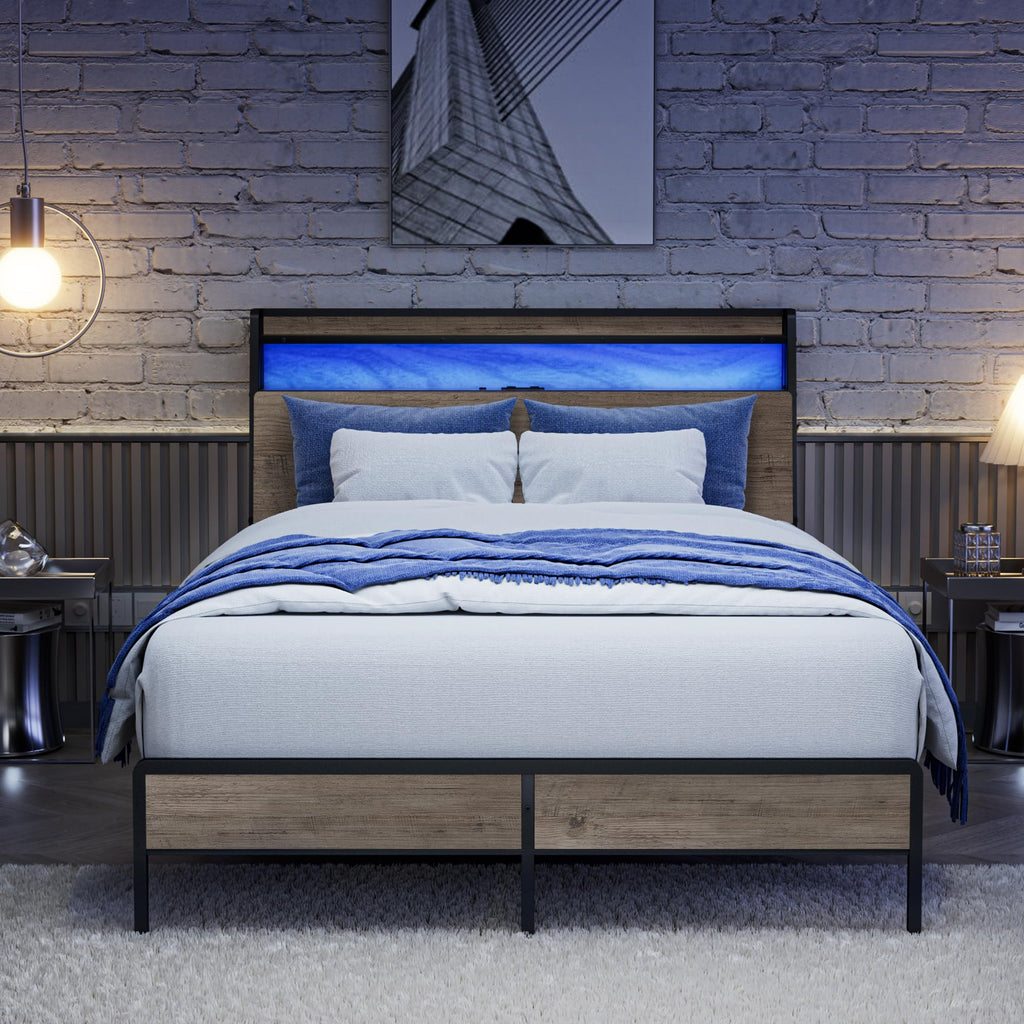 Queen Metal Platform Bed Frame with RGB Lights and Outlets H166