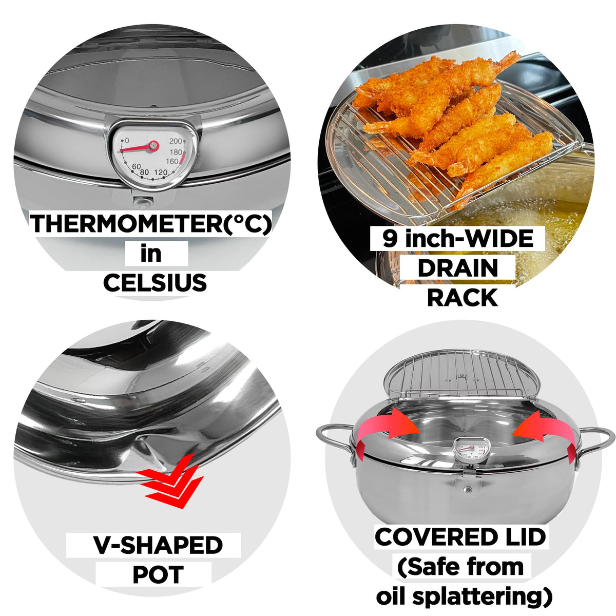 Deep Fryer Pot with Lid, 304 Stainless Steel M2580
