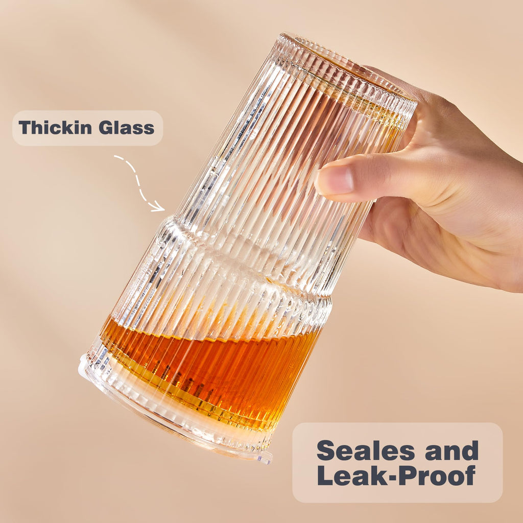 20oz Ribbed Glass Cups with Lids and Straws, Set of 4 Z3207