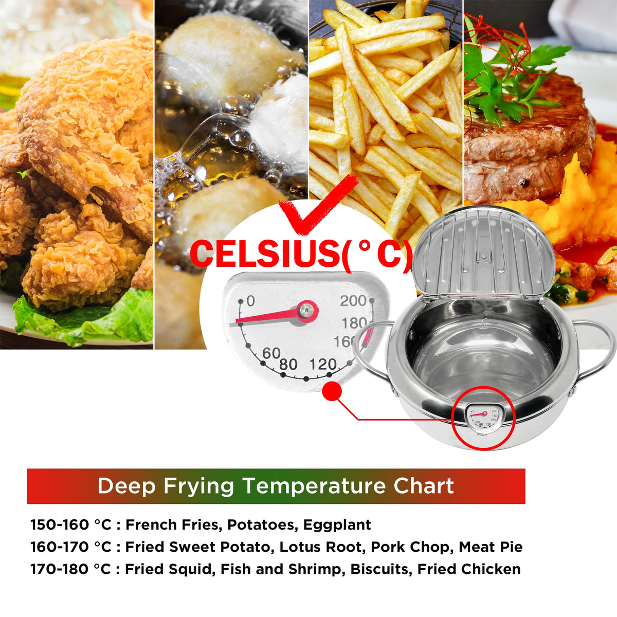 Deep Fryer Pot with Lid, 304 Stainless Steel M2580