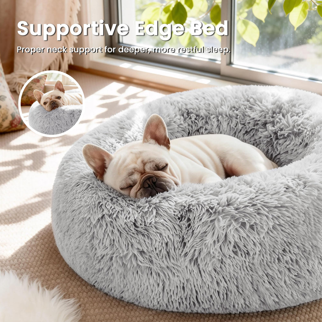 Grey 20in Fluffy Faux Fur Round Cat Bed K581