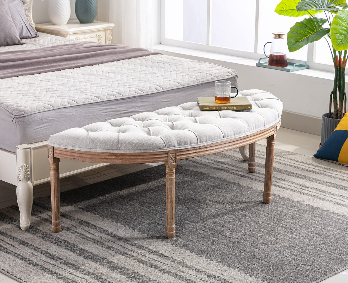 55" Upholstered Tufted Fabric Bench with Rubber Wood Legs, Beige T236433