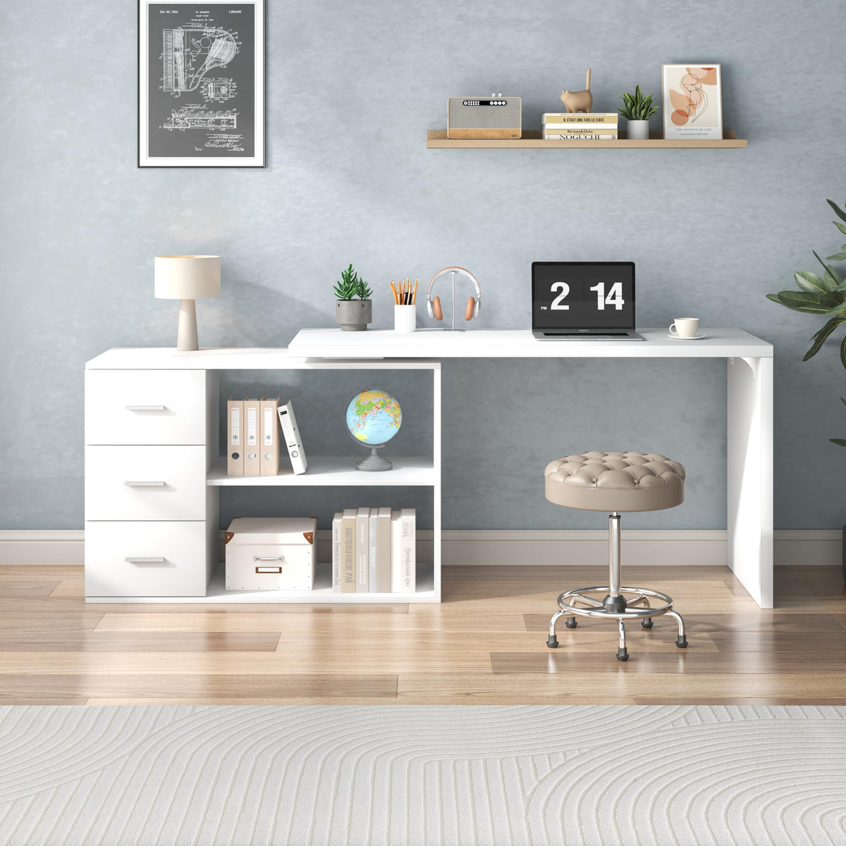 White L Shaped Corner Desk with 3 Drawers 55 inch K652907