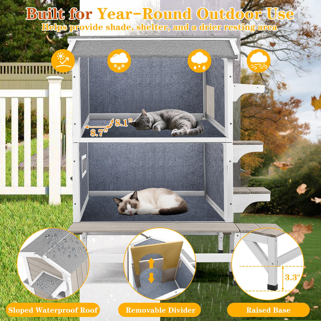 Insulated Outdoor Cat House 2-Story Wooden Shelter A35758
