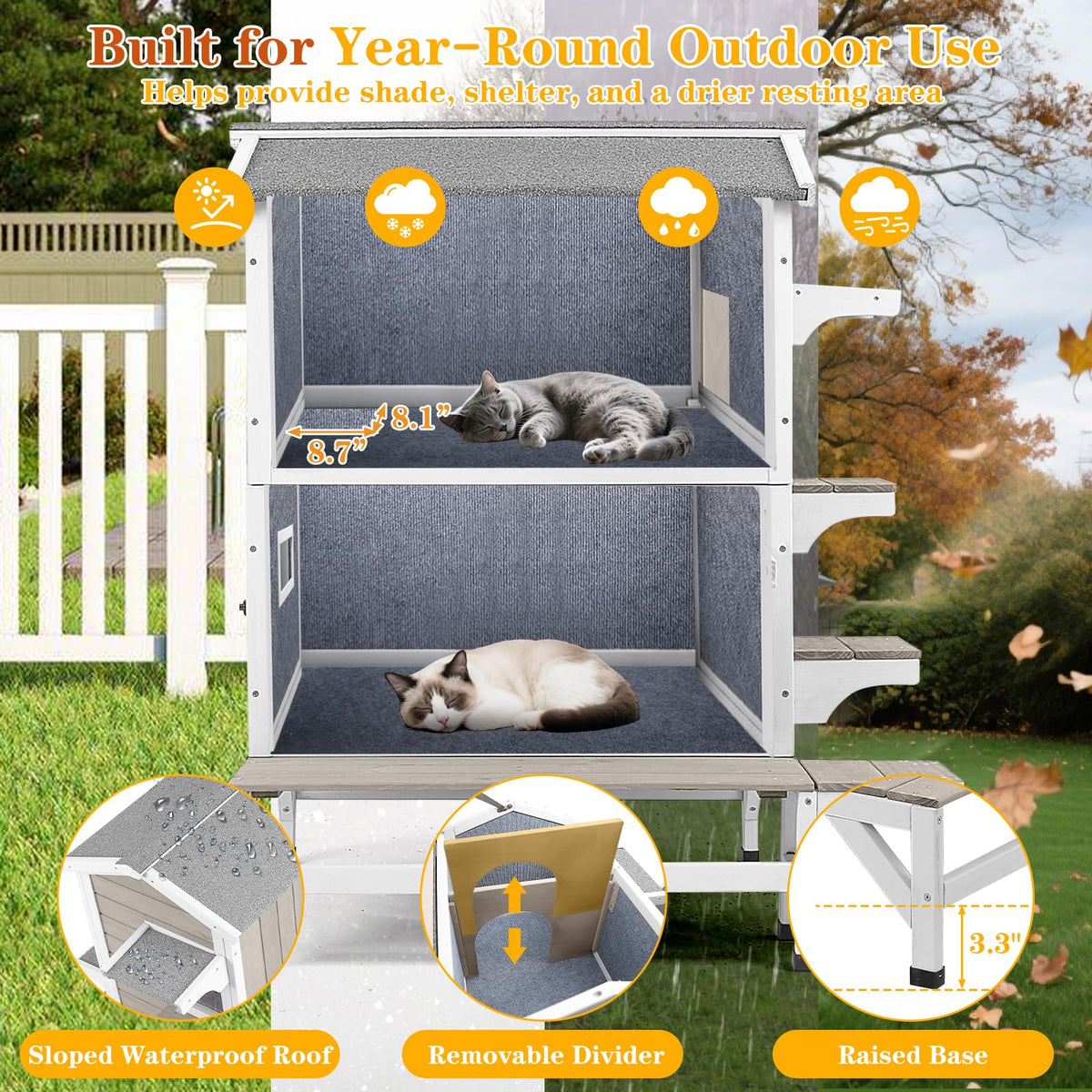Insulated Outdoor Cat House 2-Story Wooden Shelter A35758