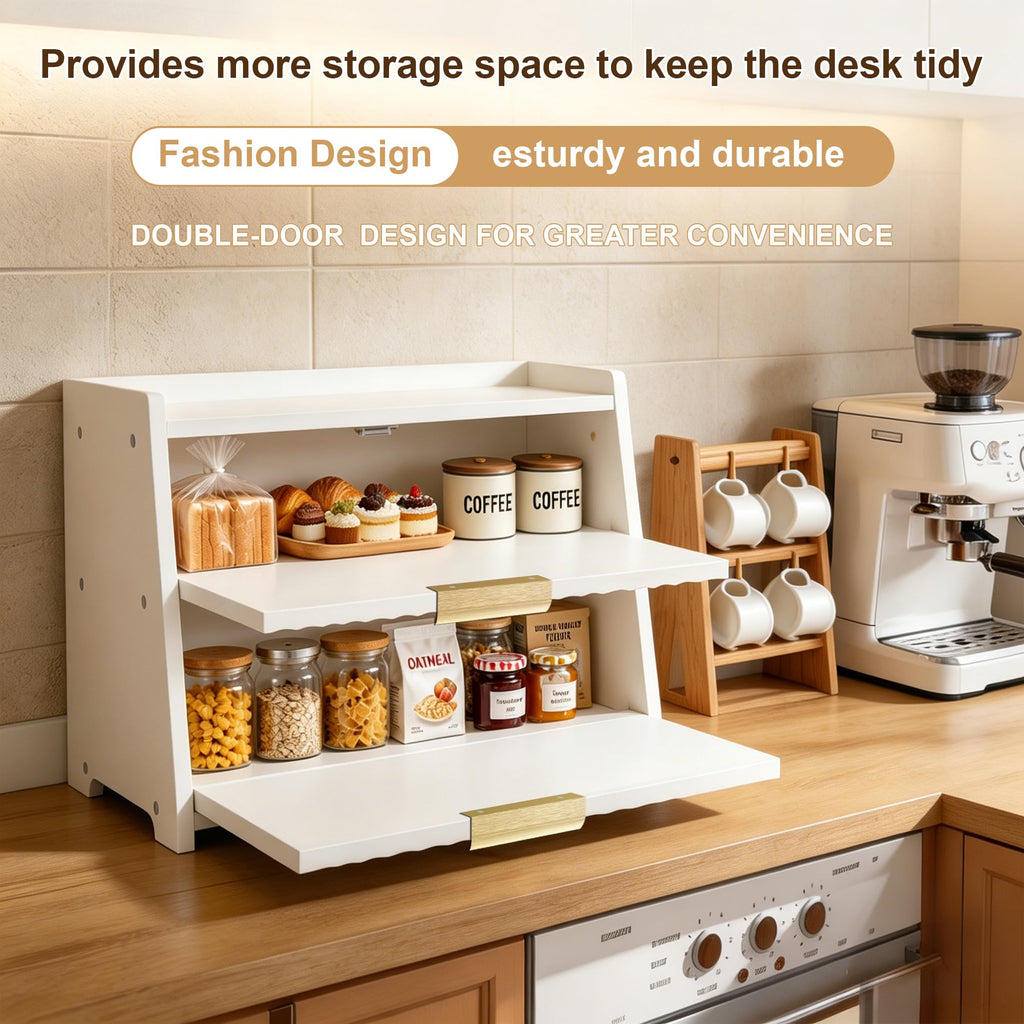White Double Layer Wooden Bread Box E90816