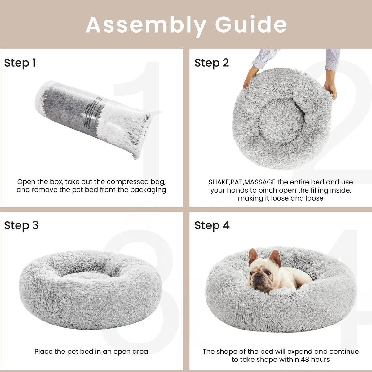 Grey 20in Fluffy Faux Fur Round Cat Bed K581