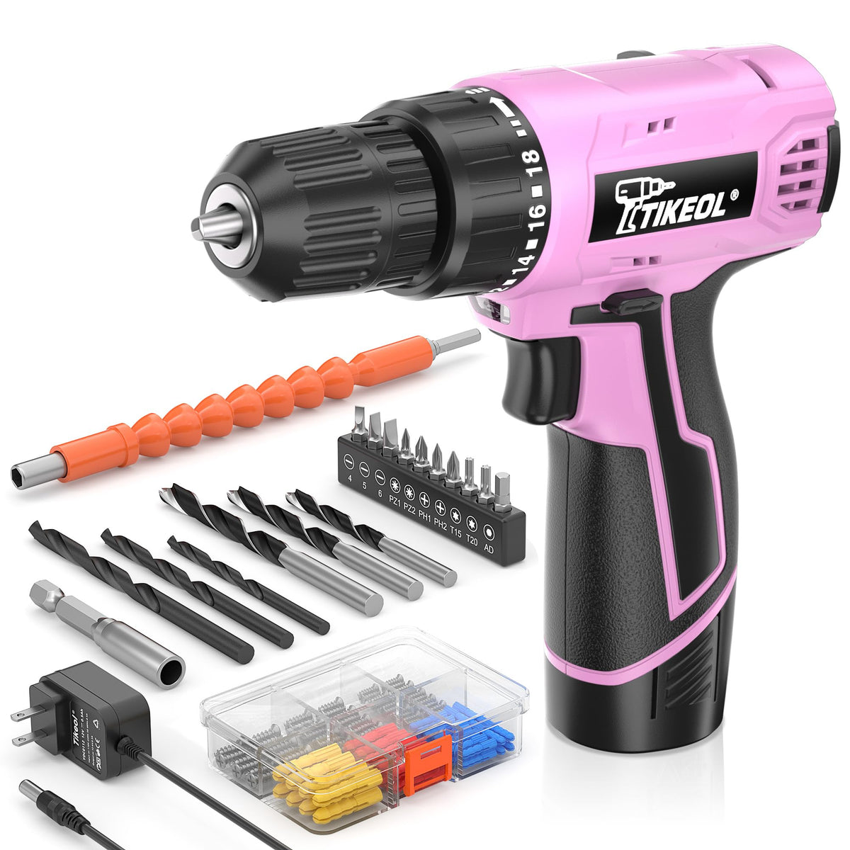 12V Cordless Drill Set with Battery & Charger, 180 In-lbs Torque, 3/8" Keyless Chuck, Pink Y20678