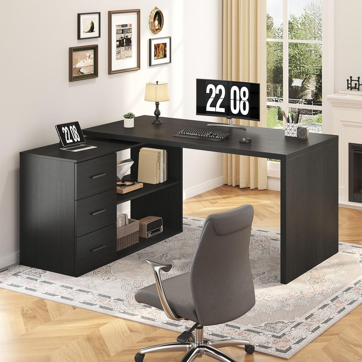 Black L Shaped Corner Desk with Storage Drawers R489