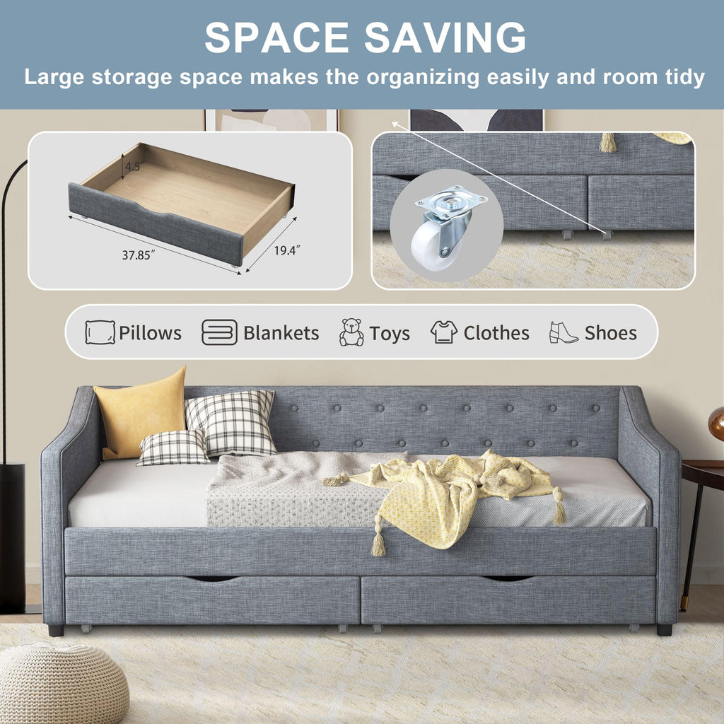 Twin Size Light Grey Linen Upholstered Wood Daybed with Two Drawers L272