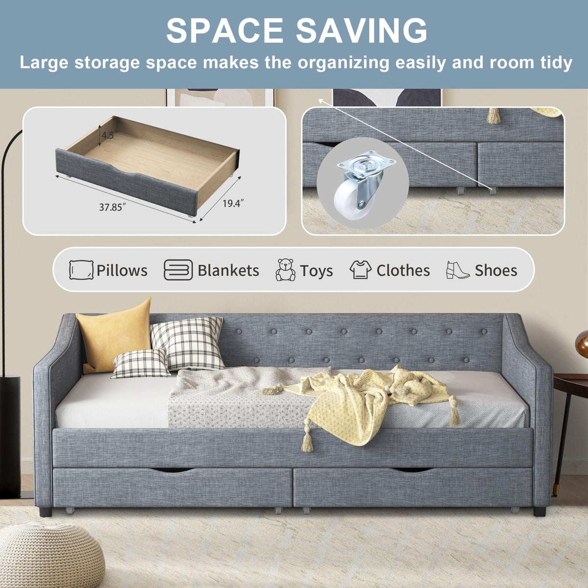 Twin Size Light Grey Linen Upholstered Wood Daybed with Two Drawers L272