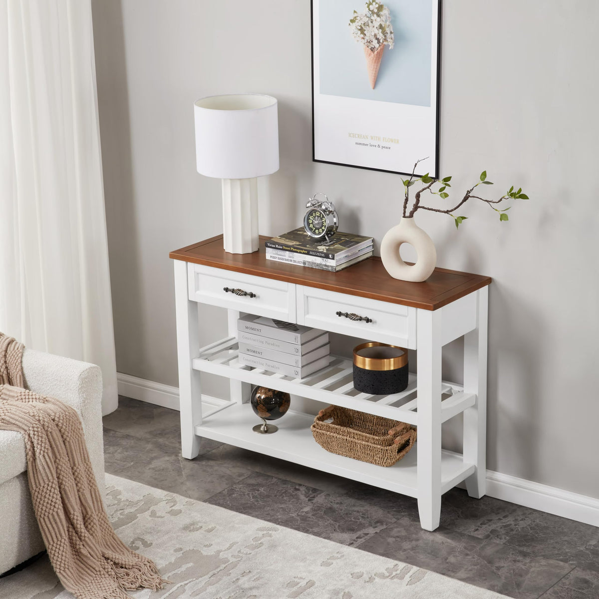 Brown White Pine Wood Console Table with 2 Open Shelves U98877