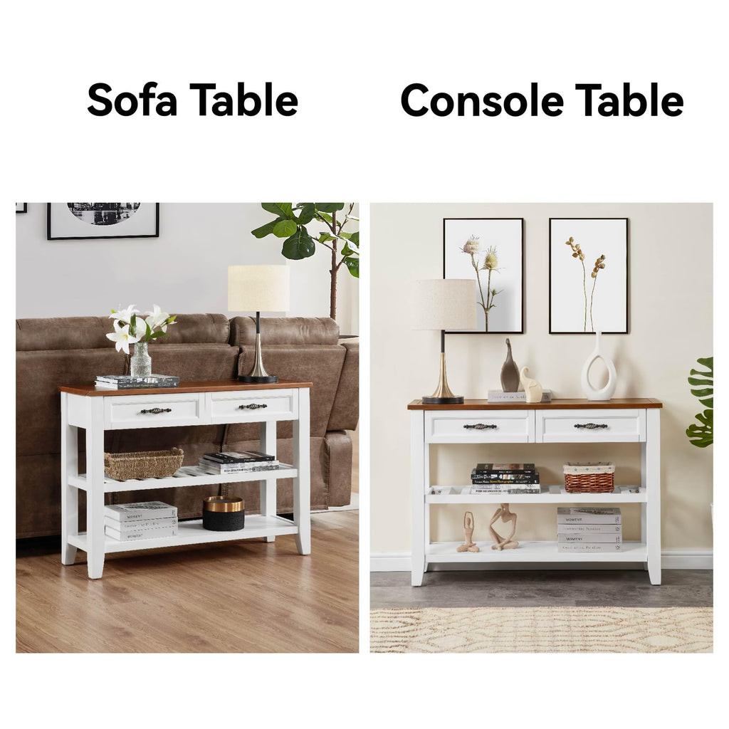 Brown White Pine Wood Console Table with 2 Open Shelves U98877